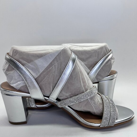 Naturalizer Bridget4 Silver Strappy Rhinestone Sandal Size 8.5 WIDE Block Heel - Picture 7 of 16